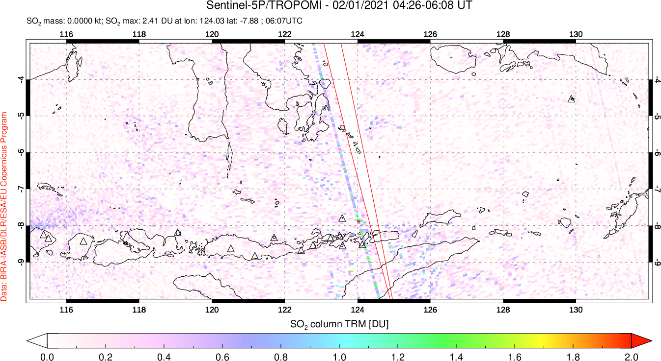A sulfur dioxide image over Lesser Sunda Islands, Indonesia on Feb 01, 2021.
