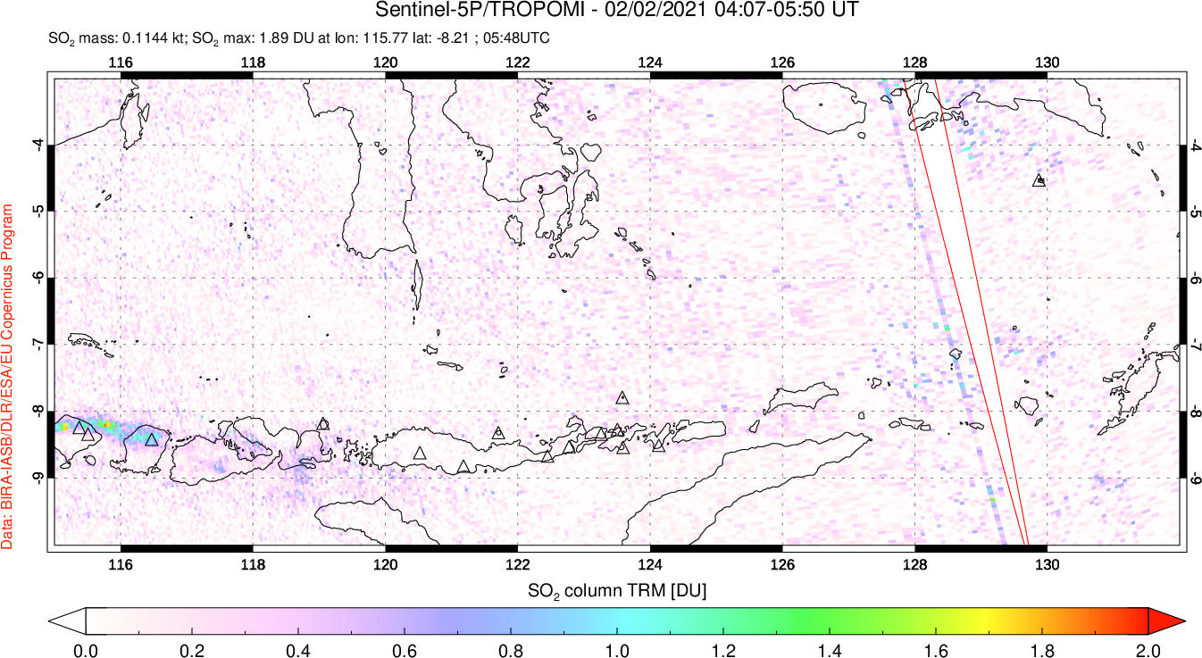 A sulfur dioxide image over Lesser Sunda Islands, Indonesia on Feb 02, 2021.