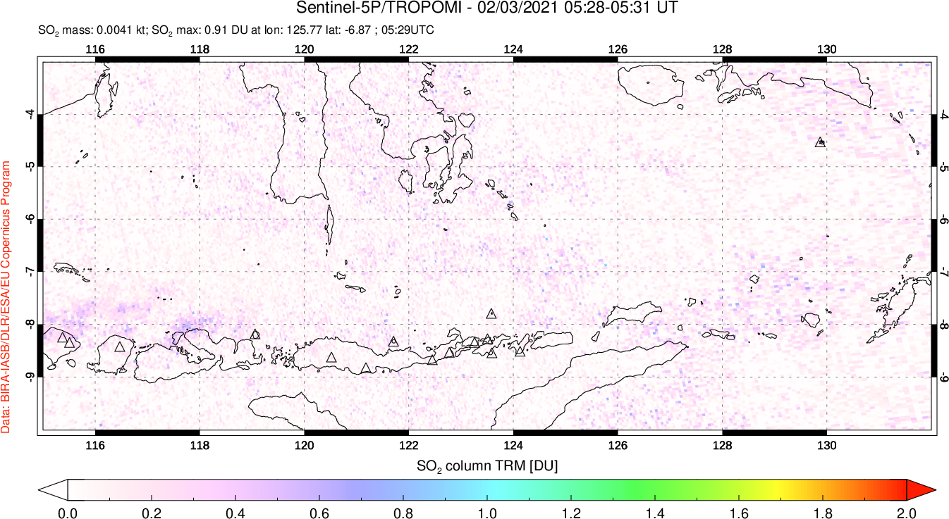 A sulfur dioxide image over Lesser Sunda Islands, Indonesia on Feb 03, 2021.