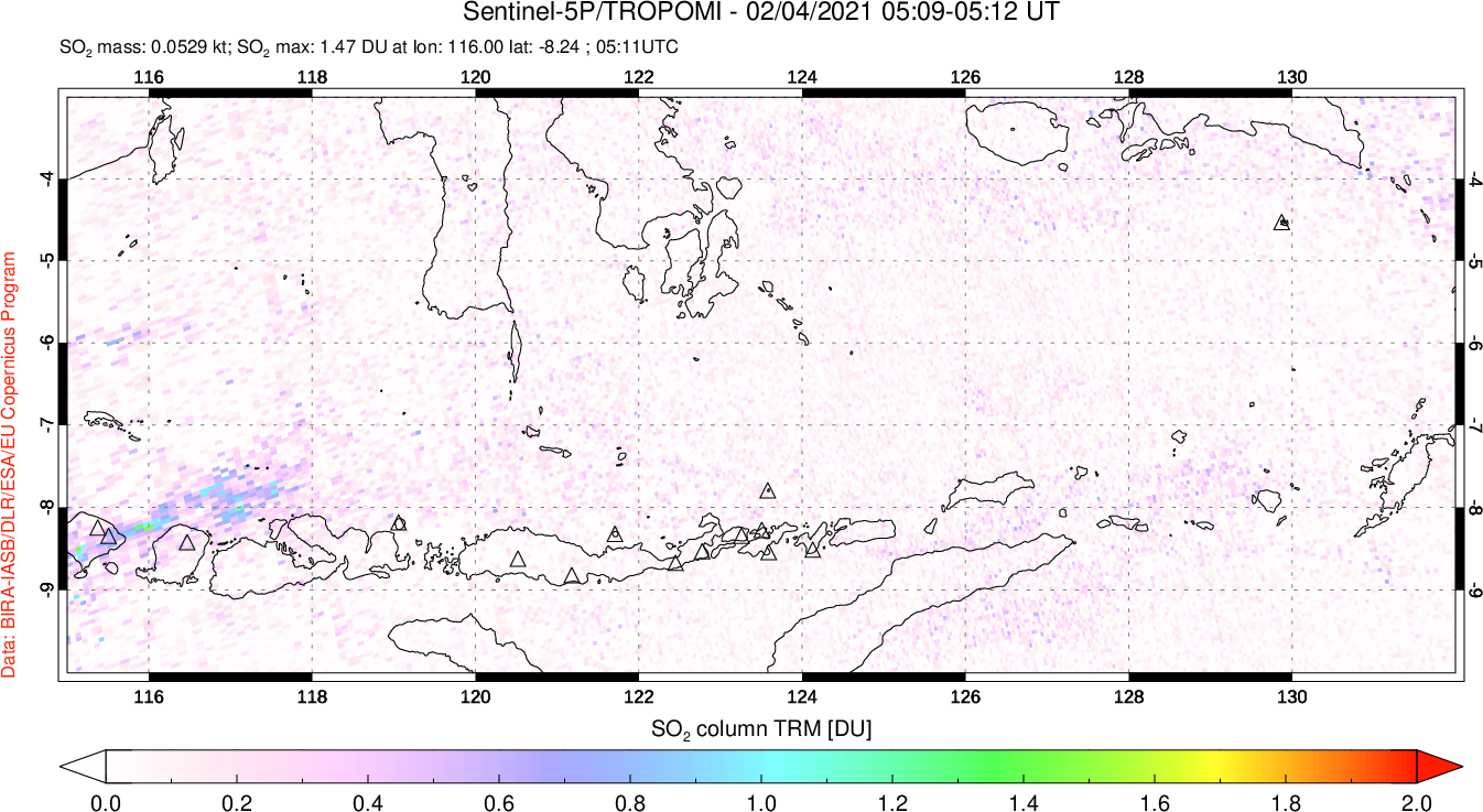 A sulfur dioxide image over Lesser Sunda Islands, Indonesia on Feb 04, 2021.
