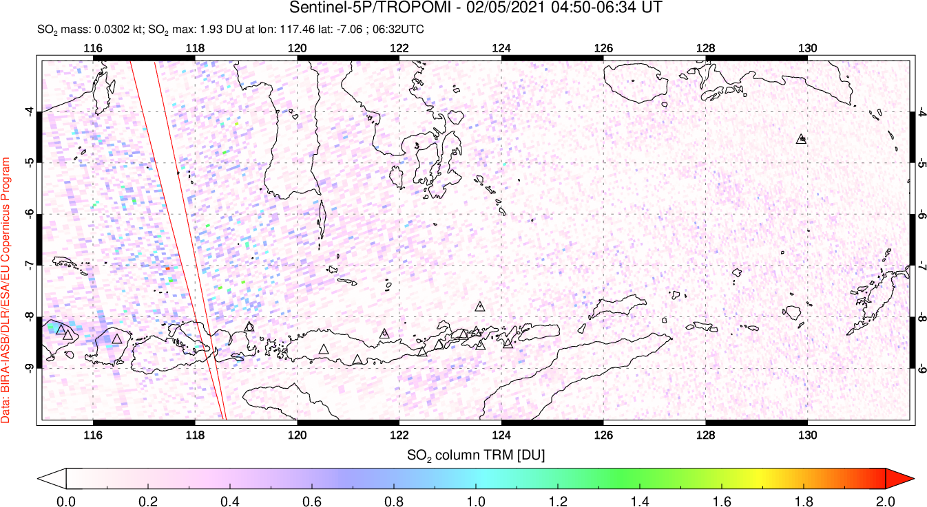 A sulfur dioxide image over Lesser Sunda Islands, Indonesia on Feb 05, 2021.