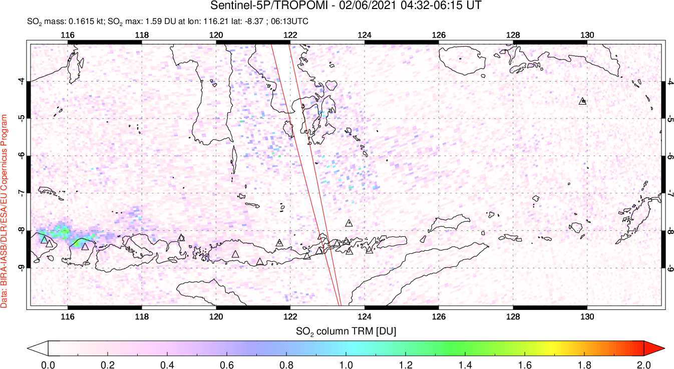 A sulfur dioxide image over Lesser Sunda Islands, Indonesia on Feb 06, 2021.