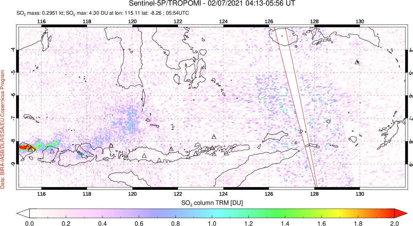 A sulfur dioxide image over Lesser Sunda Islands, Indonesia on Feb 07, 2021.