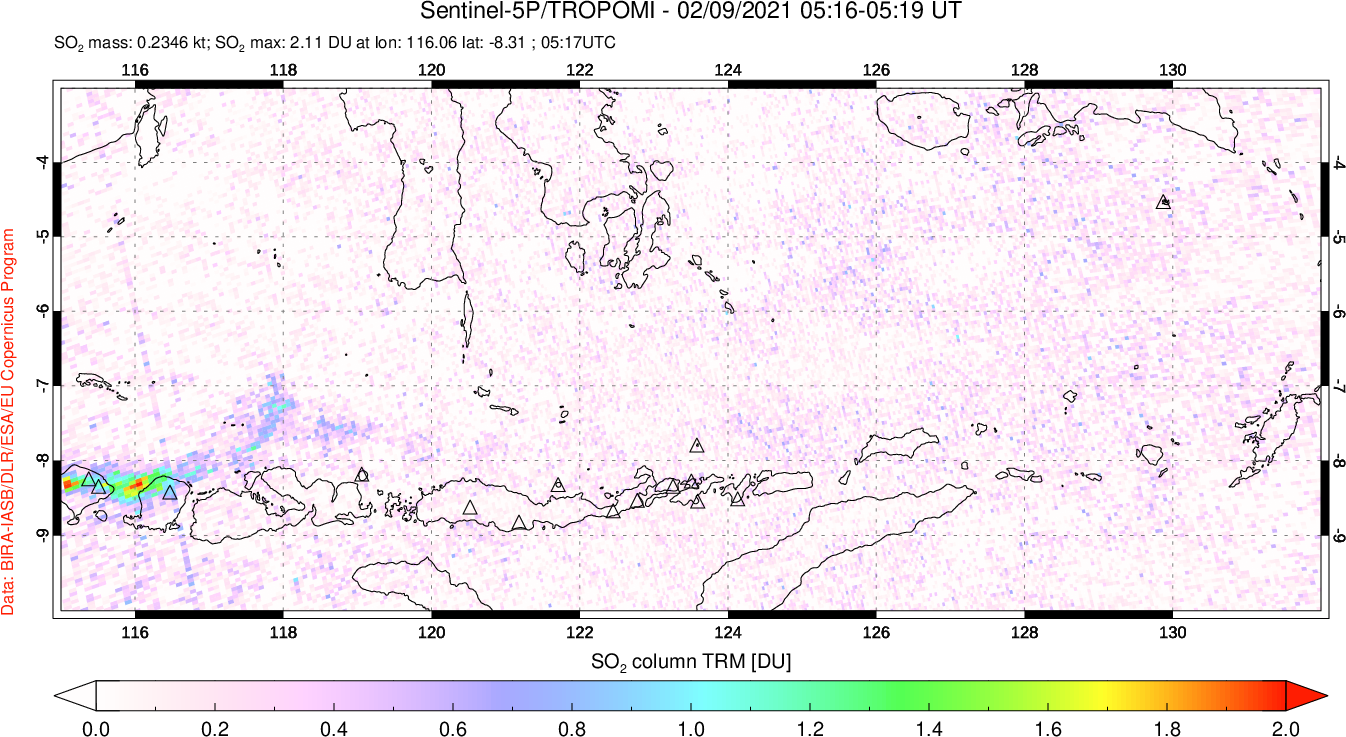A sulfur dioxide image over Lesser Sunda Islands, Indonesia on Feb 09, 2021.