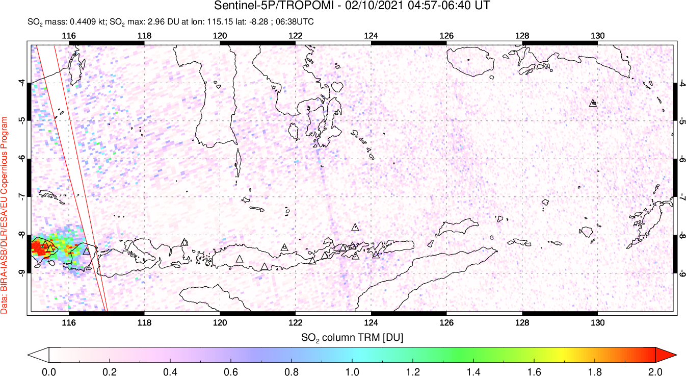 A sulfur dioxide image over Lesser Sunda Islands, Indonesia on Feb 10, 2021.