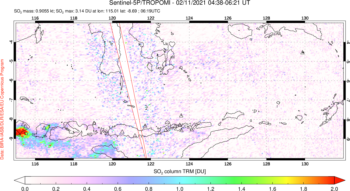 A sulfur dioxide image over Lesser Sunda Islands, Indonesia on Feb 11, 2021.