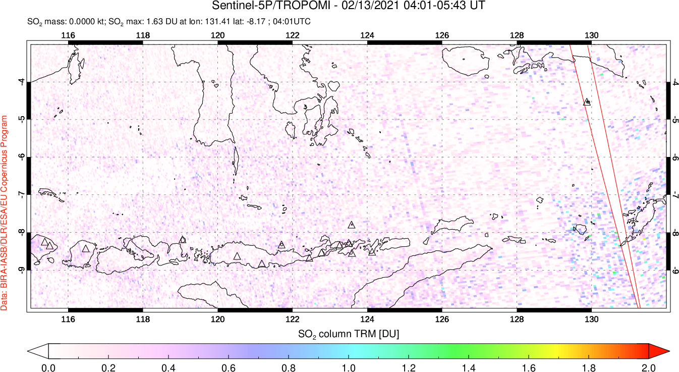 A sulfur dioxide image over Lesser Sunda Islands, Indonesia on Feb 13, 2021.
