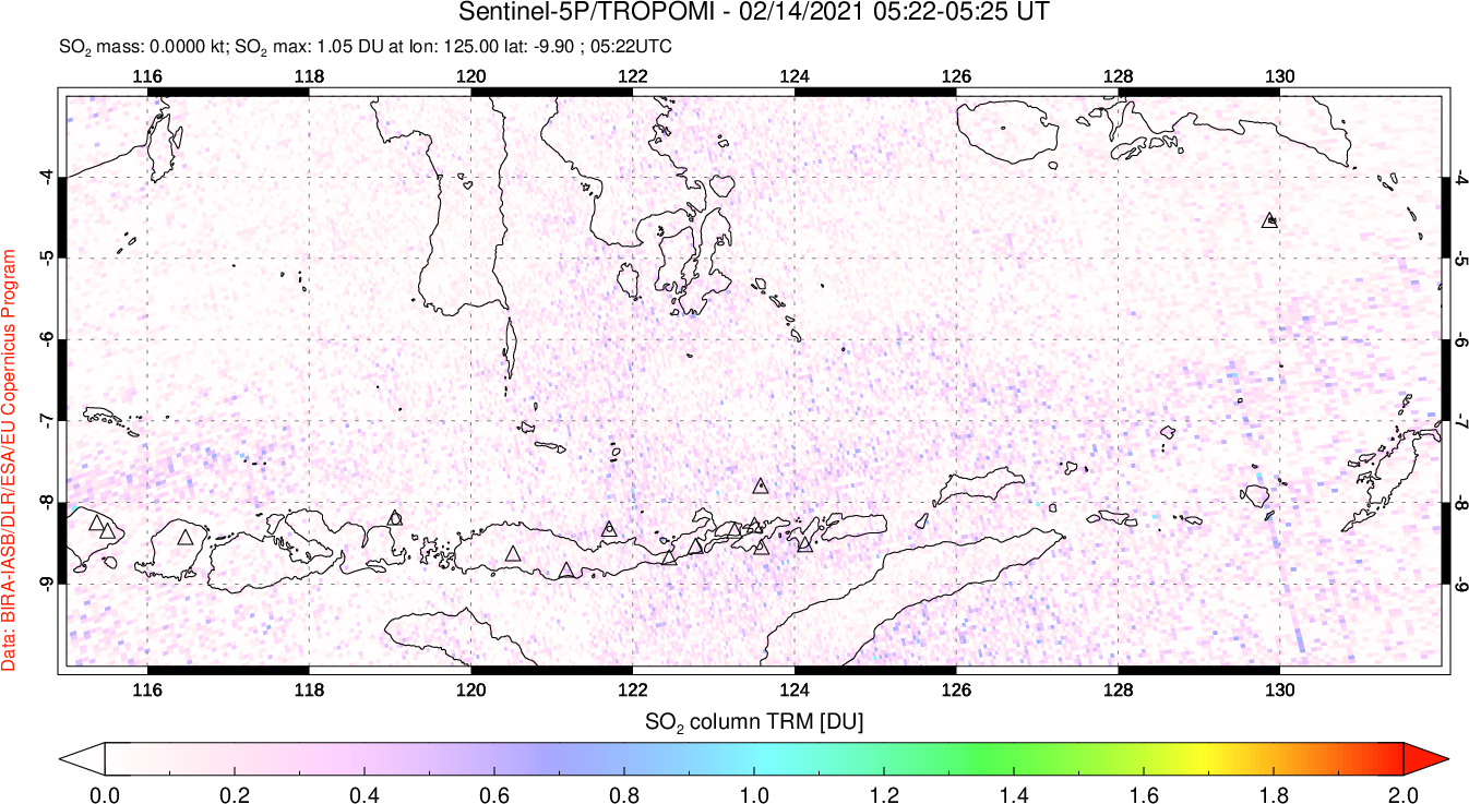 A sulfur dioxide image over Lesser Sunda Islands, Indonesia on Feb 14, 2021.