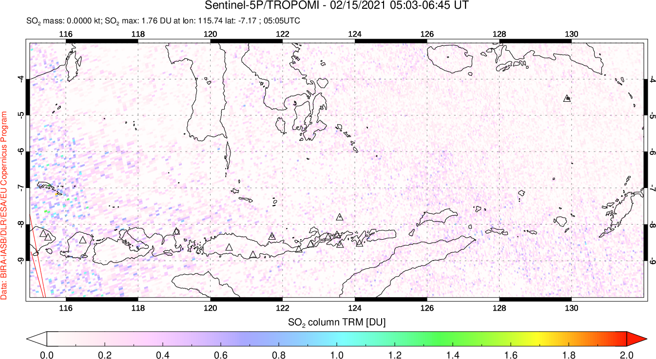 A sulfur dioxide image over Lesser Sunda Islands, Indonesia on Feb 15, 2021.