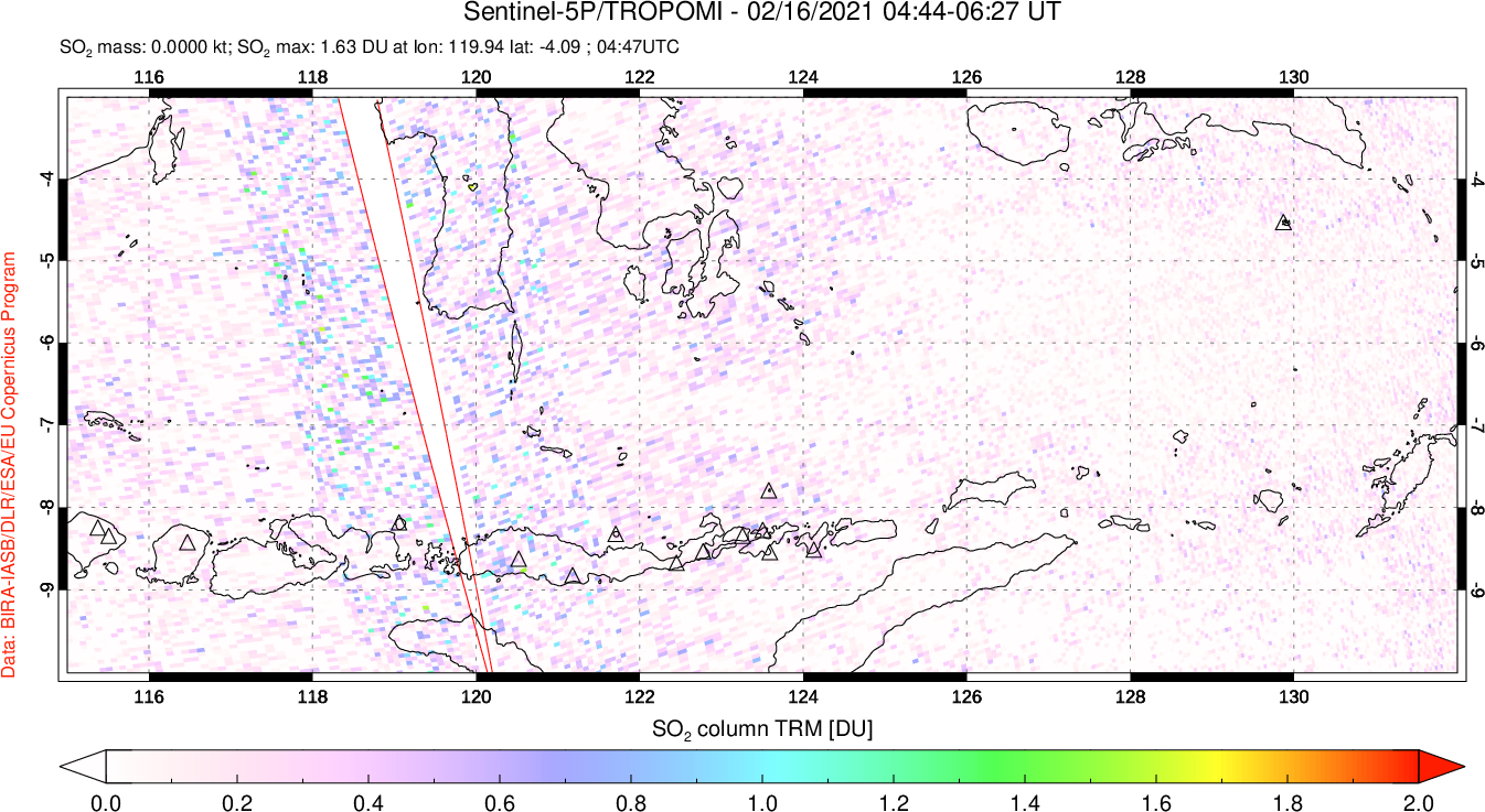 A sulfur dioxide image over Lesser Sunda Islands, Indonesia on Feb 16, 2021.