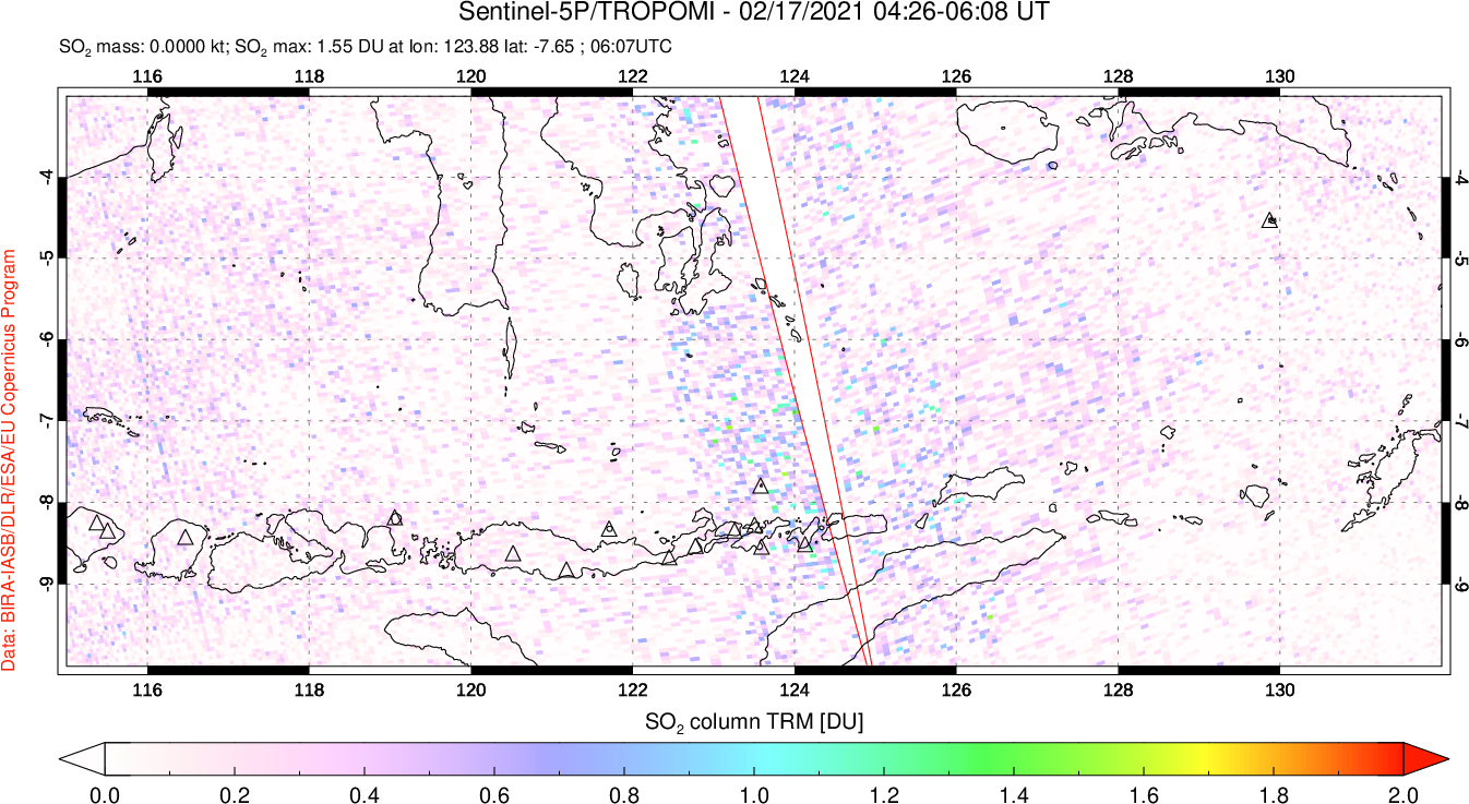 A sulfur dioxide image over Lesser Sunda Islands, Indonesia on Feb 17, 2021.