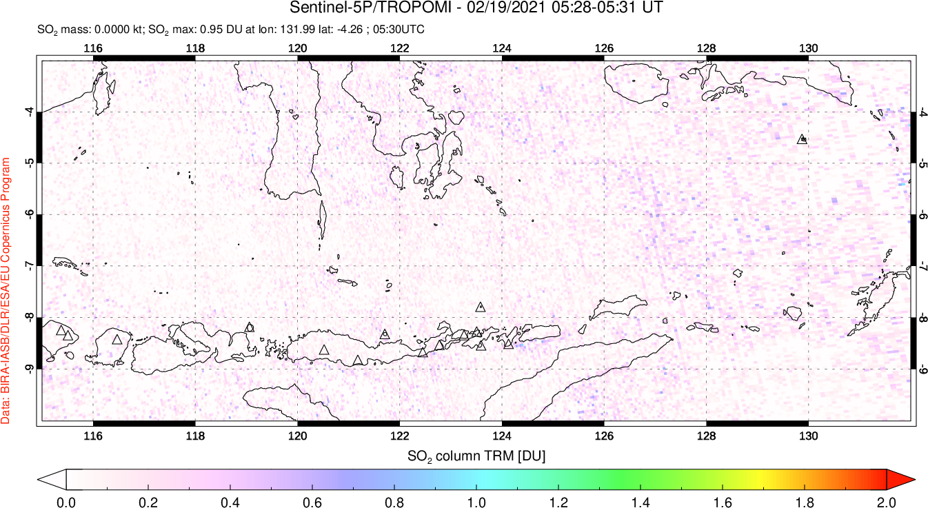 A sulfur dioxide image over Lesser Sunda Islands, Indonesia on Feb 19, 2021.