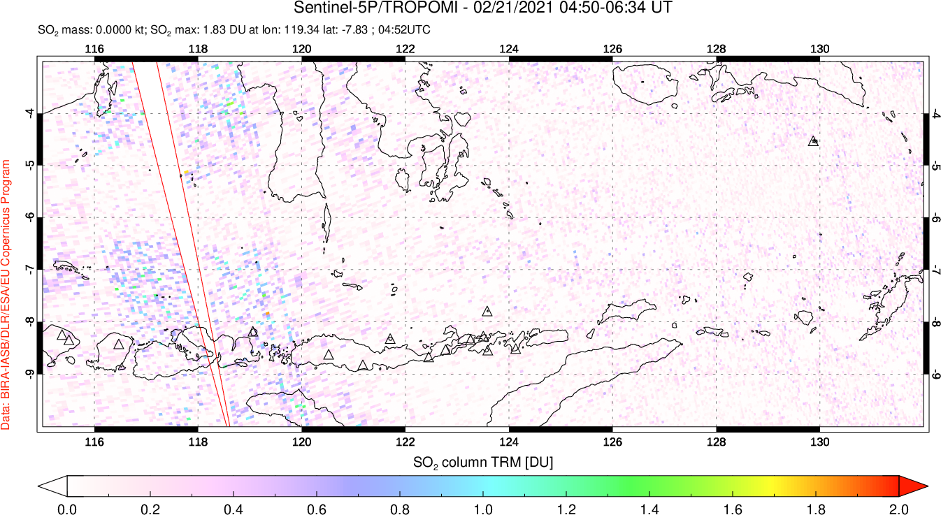 A sulfur dioxide image over Lesser Sunda Islands, Indonesia on Feb 21, 2021.
