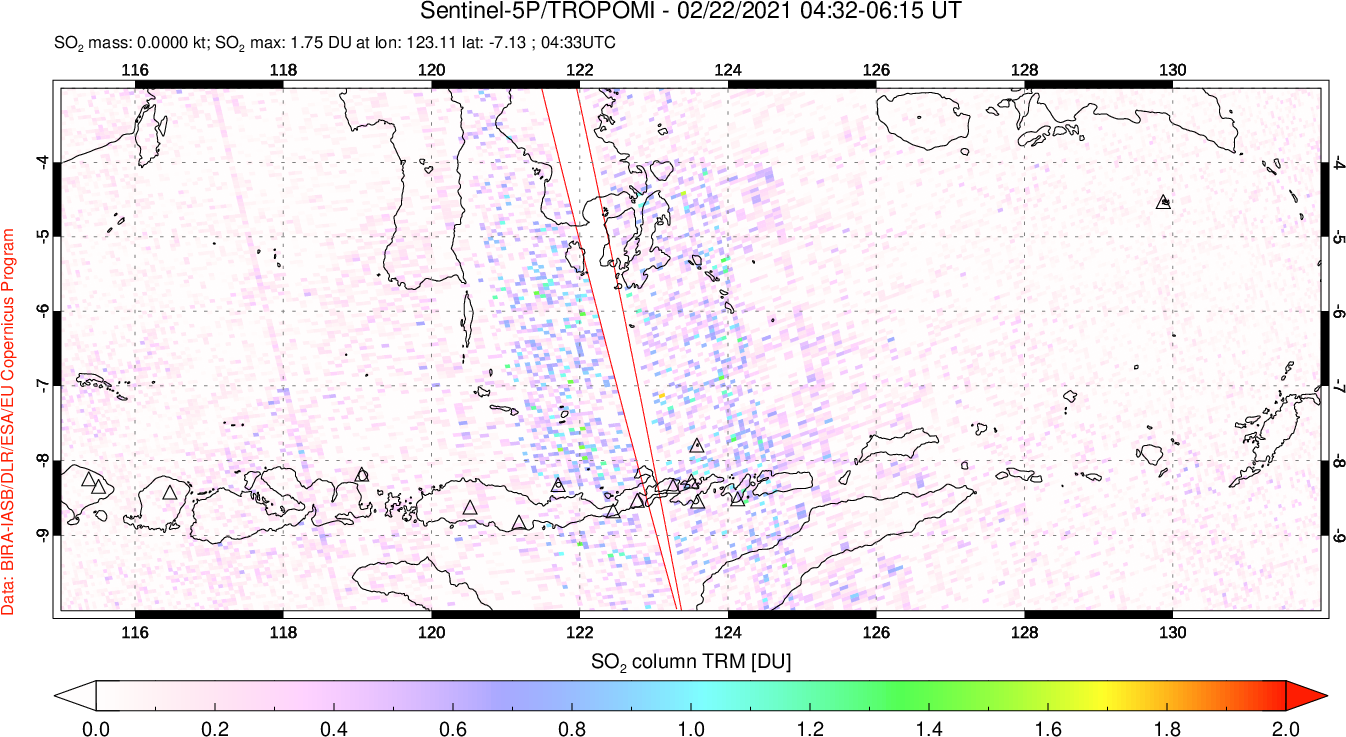 A sulfur dioxide image over Lesser Sunda Islands, Indonesia on Feb 22, 2021.