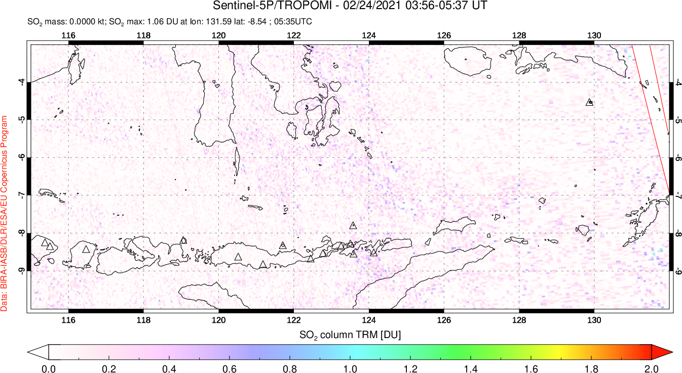 A sulfur dioxide image over Lesser Sunda Islands, Indonesia on Feb 24, 2021.