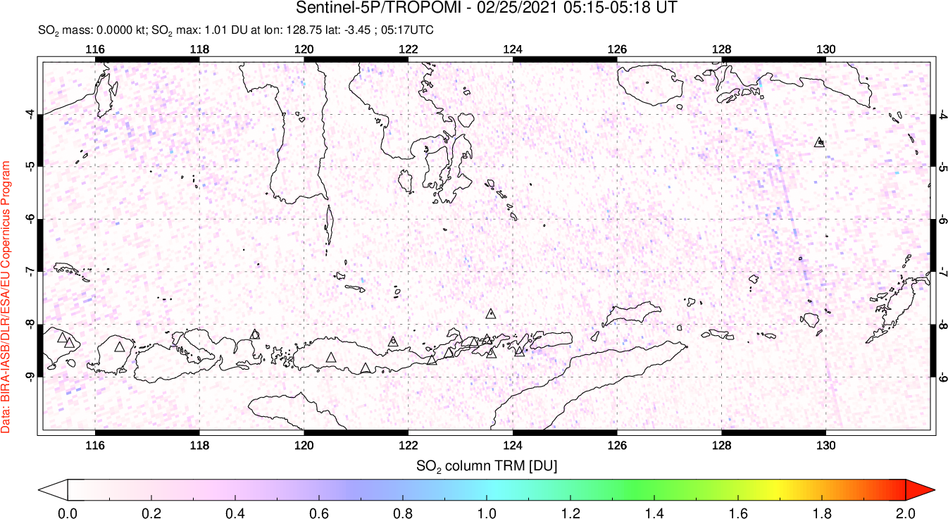 A sulfur dioxide image over Lesser Sunda Islands, Indonesia on Feb 25, 2021.