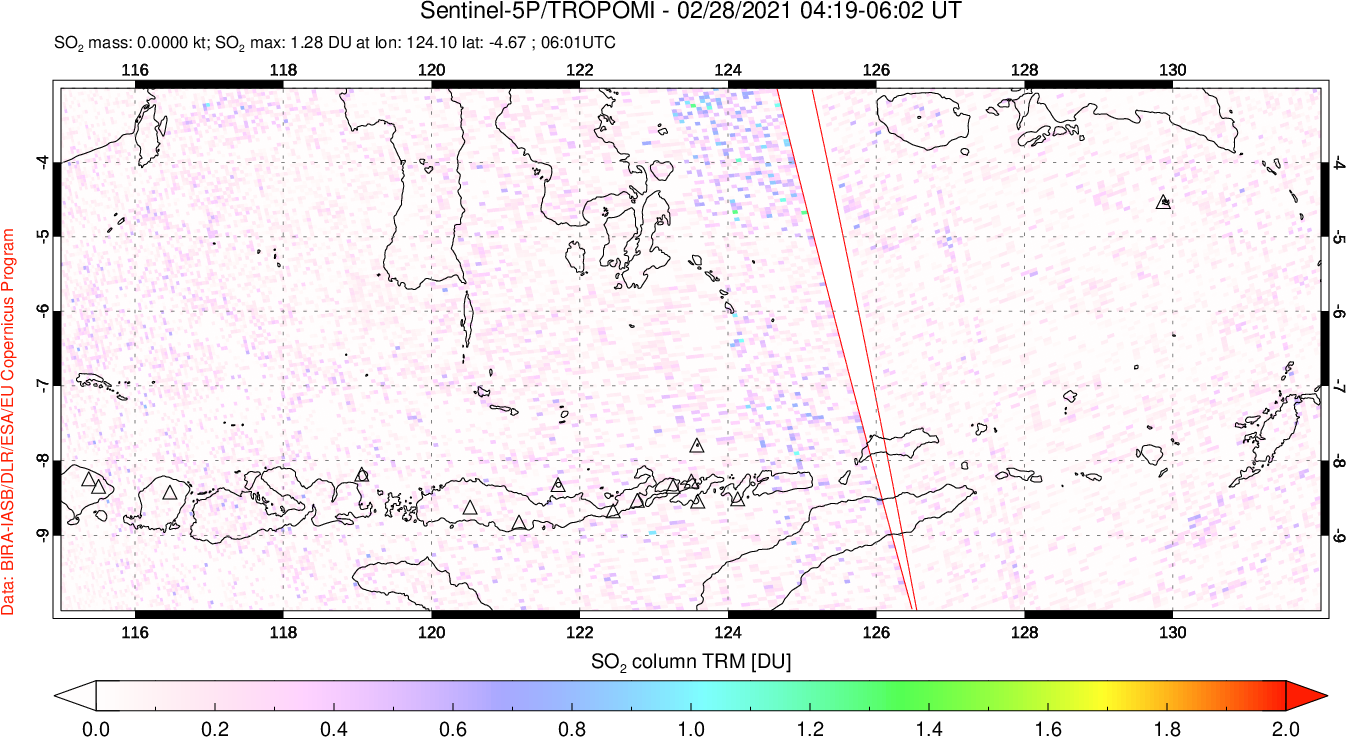 A sulfur dioxide image over Lesser Sunda Islands, Indonesia on Feb 28, 2021.