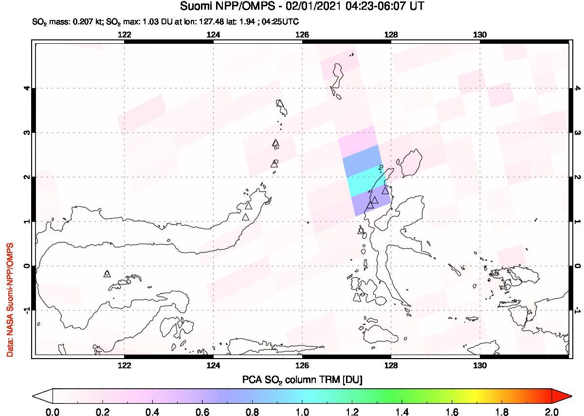A sulfur dioxide image over Northern Sulawesi & Halmahera, Indonesia on Feb 01, 2021.