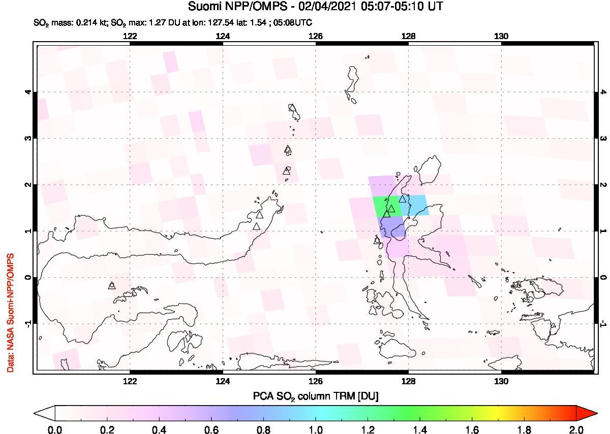 A sulfur dioxide image over Northern Sulawesi & Halmahera, Indonesia on Feb 04, 2021.