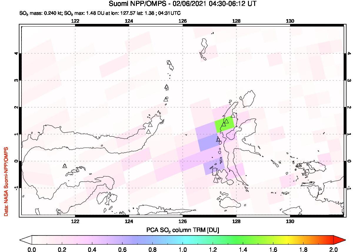 A sulfur dioxide image over Northern Sulawesi & Halmahera, Indonesia on Feb 06, 2021.