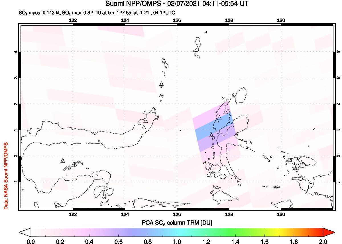 A sulfur dioxide image over Northern Sulawesi & Halmahera, Indonesia on Feb 07, 2021.