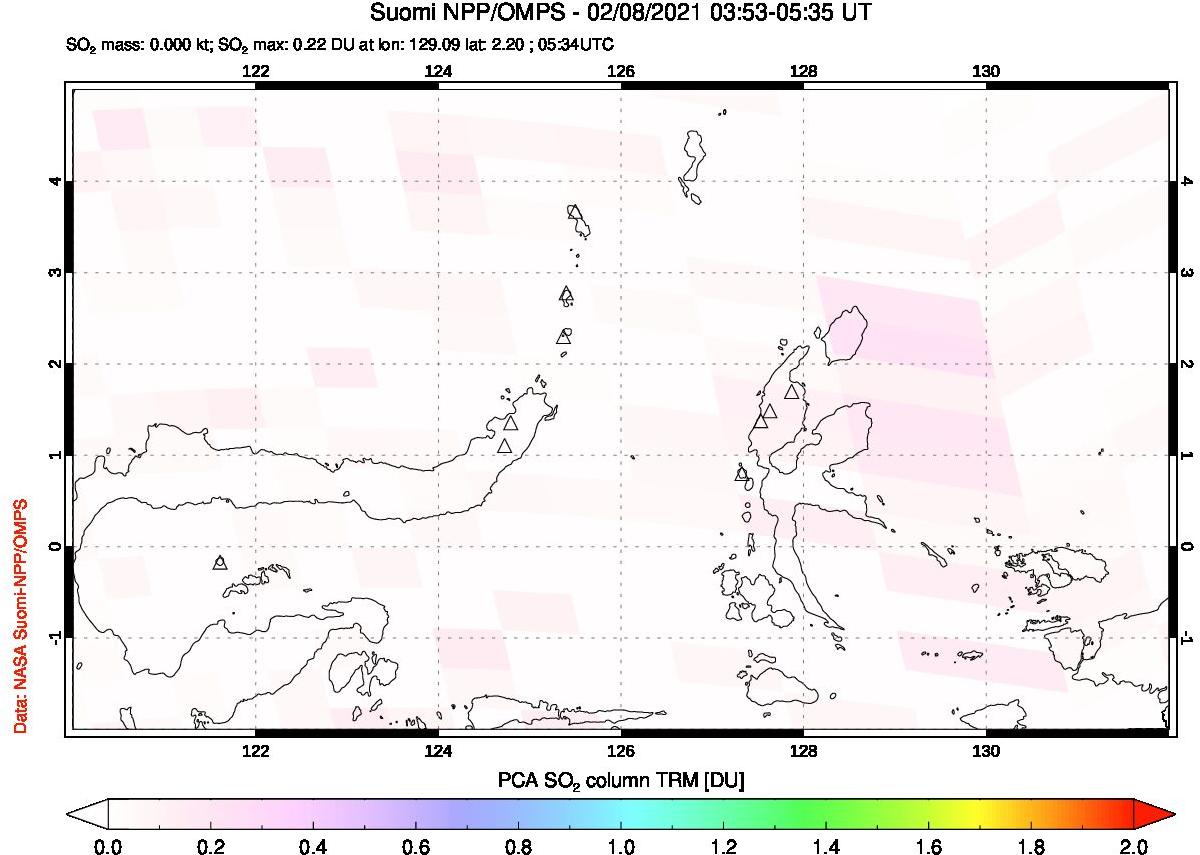 A sulfur dioxide image over Northern Sulawesi & Halmahera, Indonesia on Feb 08, 2021.
