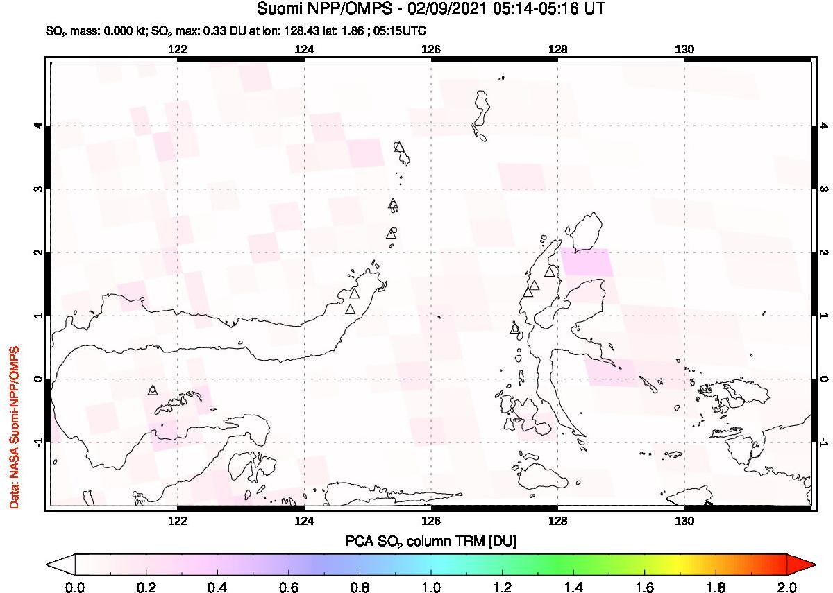 A sulfur dioxide image over Northern Sulawesi & Halmahera, Indonesia on Feb 09, 2021.