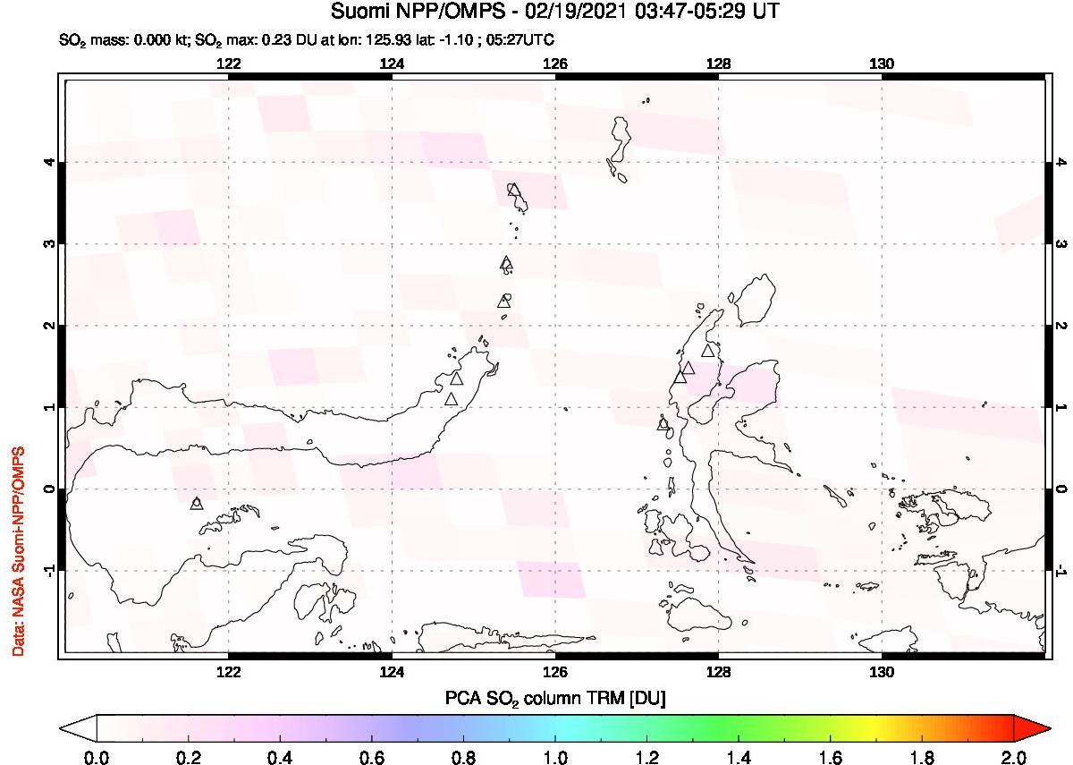 A sulfur dioxide image over Northern Sulawesi & Halmahera, Indonesia on Feb 19, 2021.