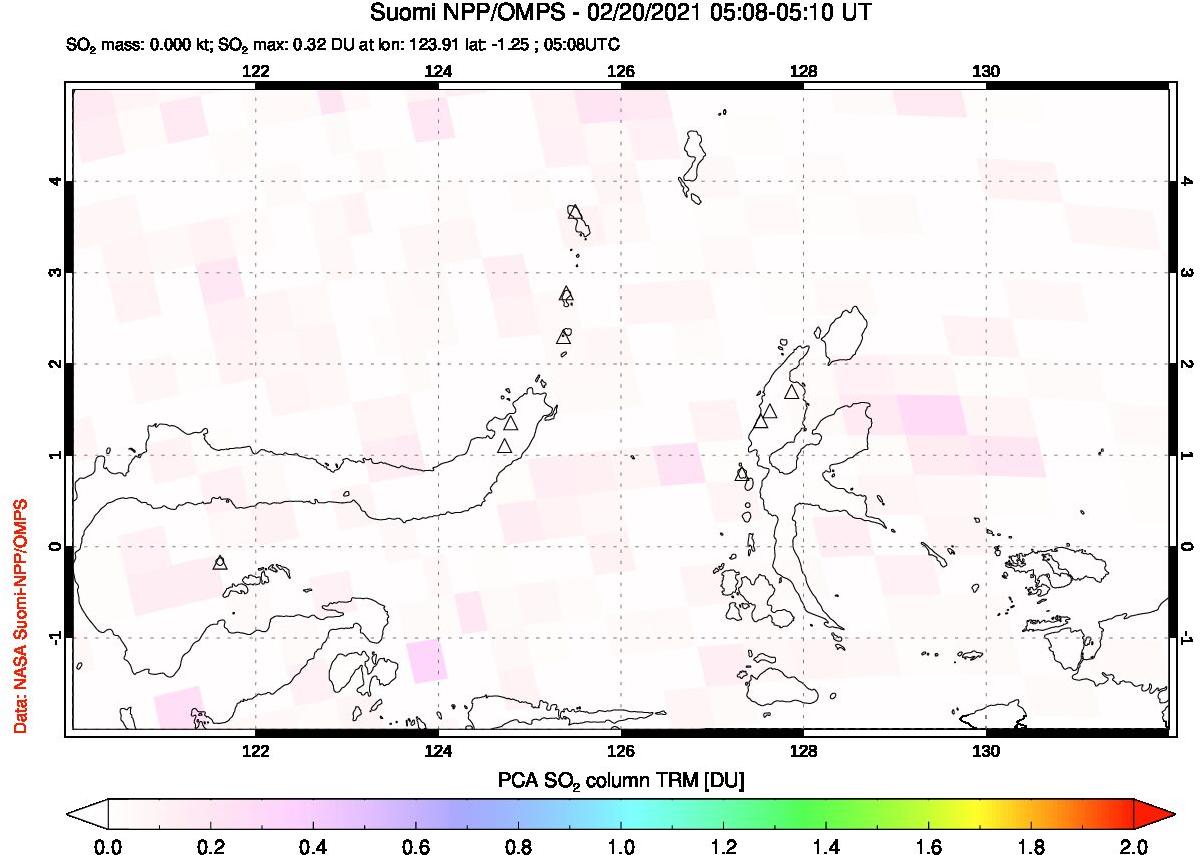 A sulfur dioxide image over Northern Sulawesi & Halmahera, Indonesia on Feb 20, 2021.