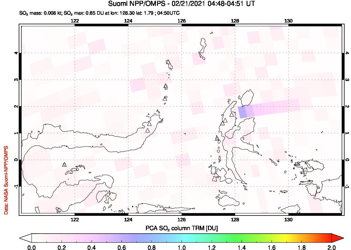 A sulfur dioxide image over Northern Sulawesi & Halmahera, Indonesia on Feb 21, 2021.