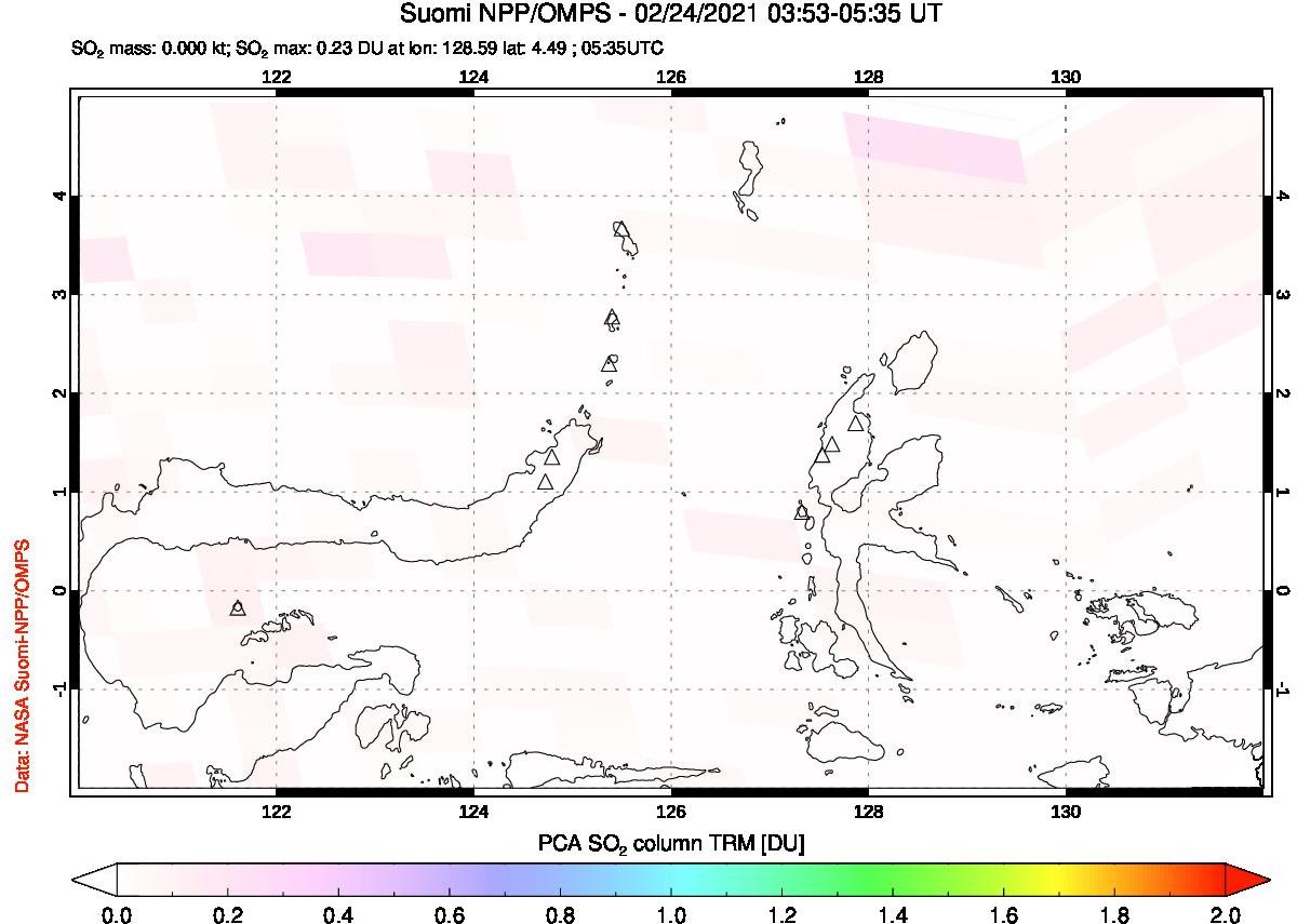 A sulfur dioxide image over Northern Sulawesi & Halmahera, Indonesia on Feb 24, 2021.