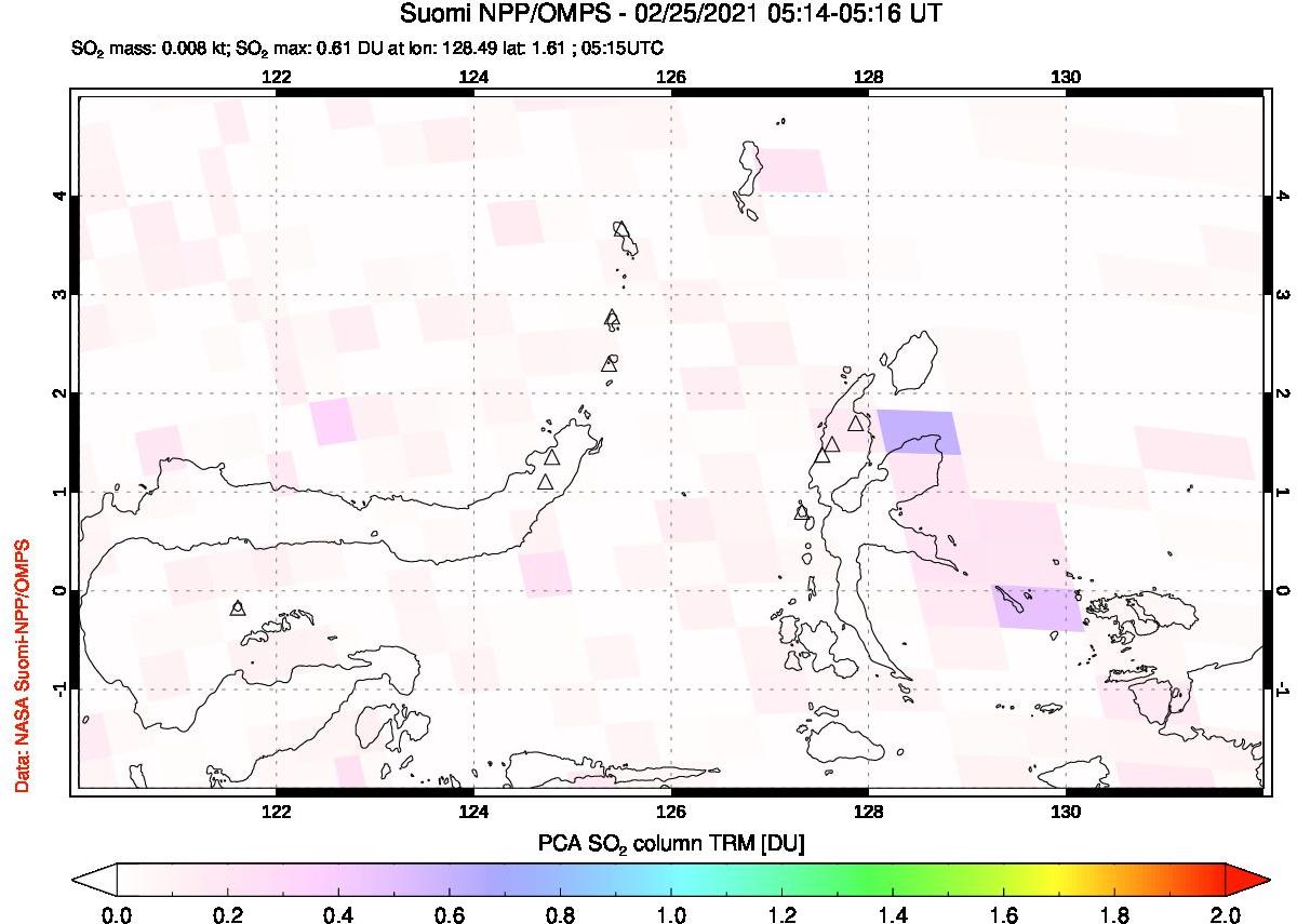 A sulfur dioxide image over Northern Sulawesi & Halmahera, Indonesia on Feb 25, 2021.