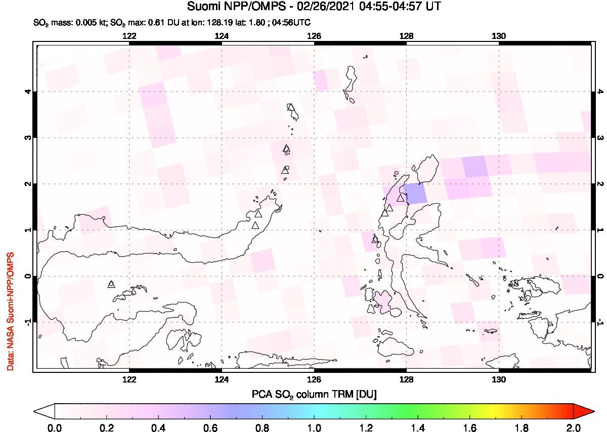 A sulfur dioxide image over Northern Sulawesi & Halmahera, Indonesia on Feb 26, 2021.