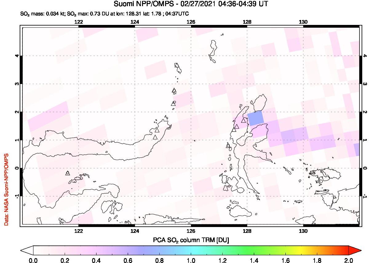 A sulfur dioxide image over Northern Sulawesi & Halmahera, Indonesia on Feb 27, 2021.
