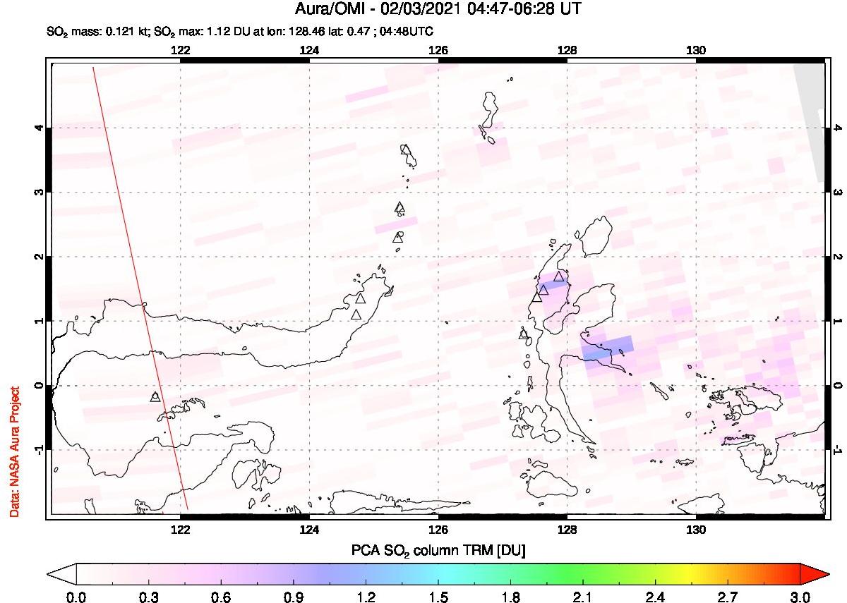 A sulfur dioxide image over Northern Sulawesi & Halmahera, Indonesia on Feb 03, 2021.