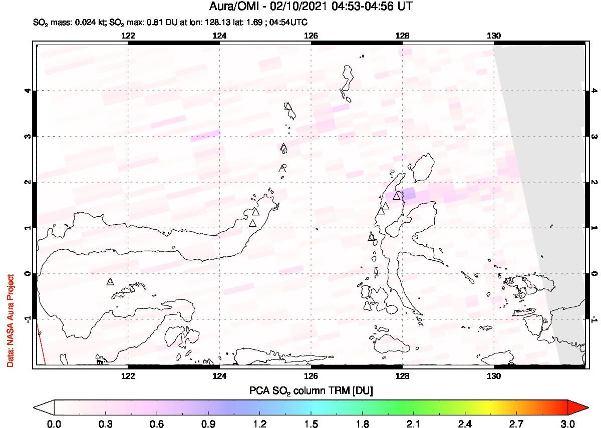 A sulfur dioxide image over Northern Sulawesi & Halmahera, Indonesia on Feb 10, 2021.