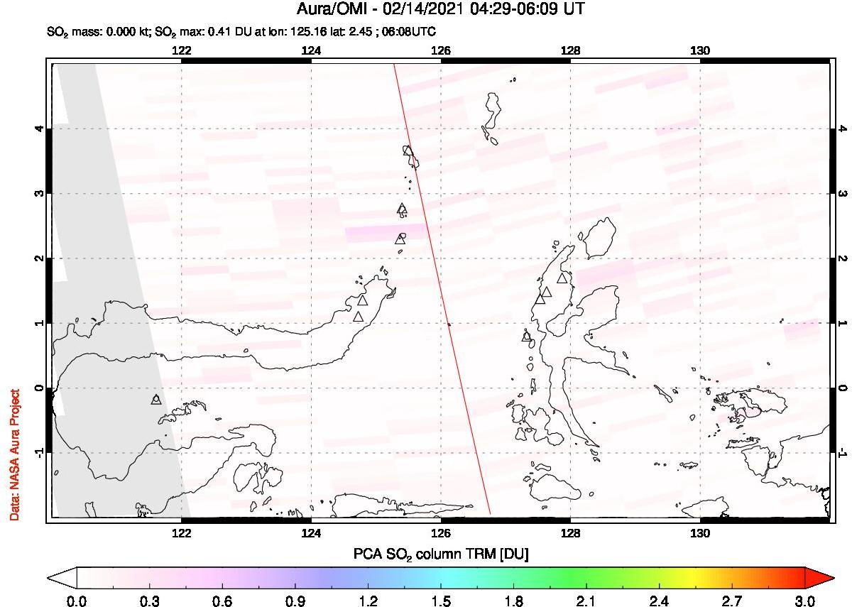 A sulfur dioxide image over Northern Sulawesi & Halmahera, Indonesia on Feb 14, 2021.
