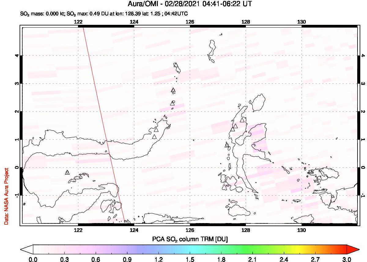 A sulfur dioxide image over Northern Sulawesi & Halmahera, Indonesia on Feb 28, 2021.