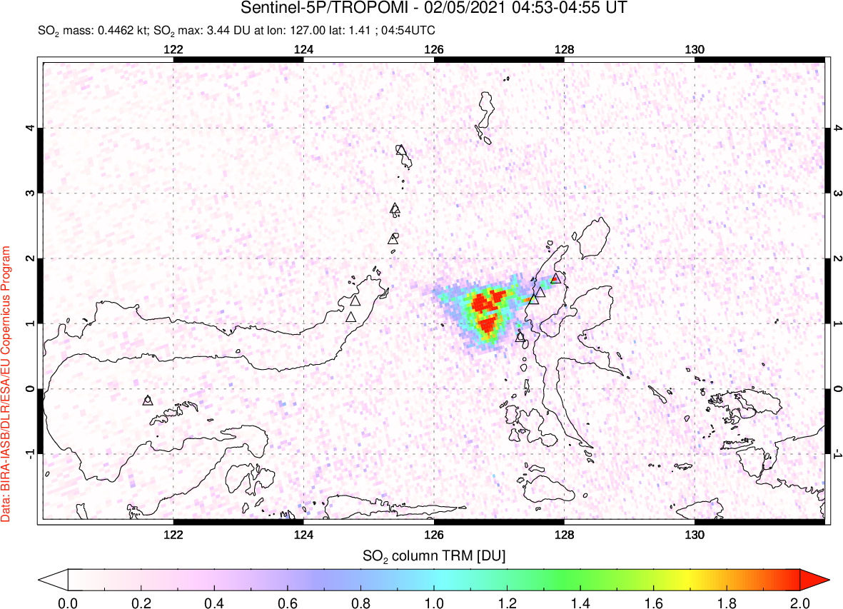 A sulfur dioxide image over Northern Sulawesi & Halmahera, Indonesia on Feb 05, 2021.