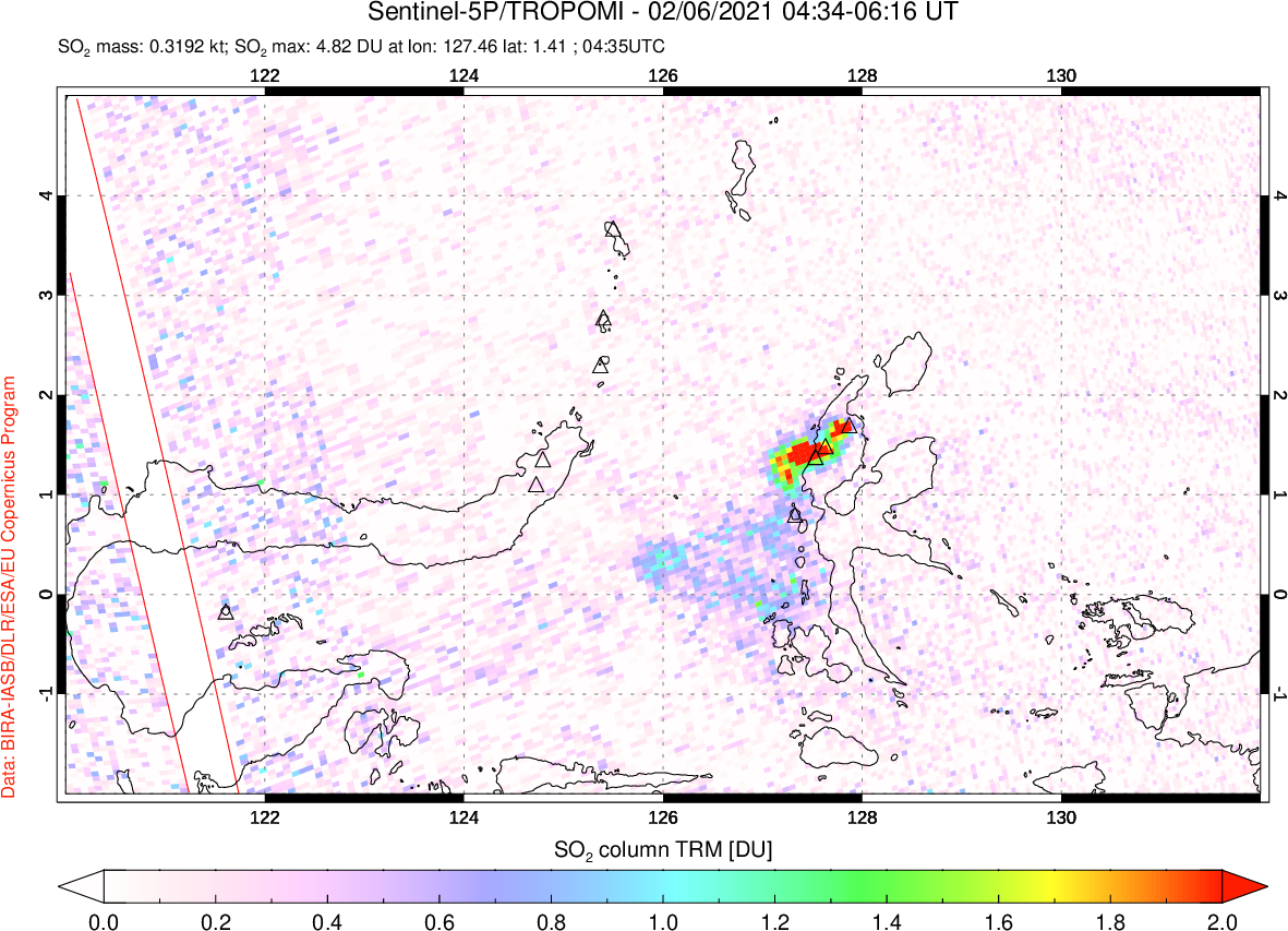 A sulfur dioxide image over Northern Sulawesi & Halmahera, Indonesia on Feb 06, 2021.