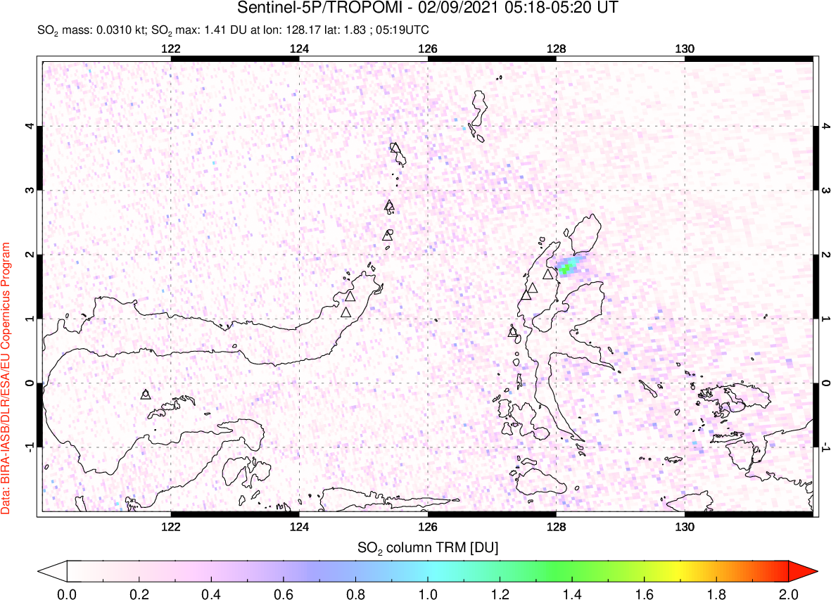 A sulfur dioxide image over Northern Sulawesi & Halmahera, Indonesia on Feb 09, 2021.