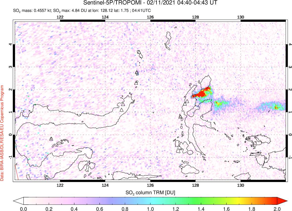 A sulfur dioxide image over Northern Sulawesi & Halmahera, Indonesia on Feb 11, 2021.