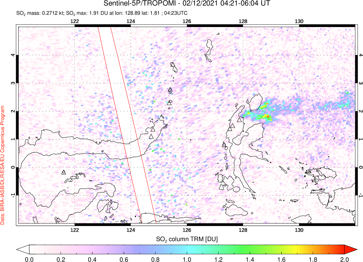 A sulfur dioxide image over Northern Sulawesi & Halmahera, Indonesia on Feb 12, 2021.