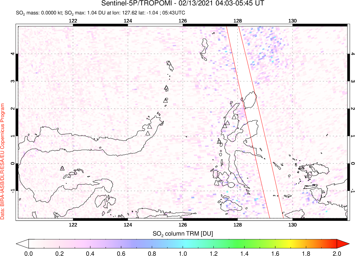 A sulfur dioxide image over Northern Sulawesi & Halmahera, Indonesia on Feb 13, 2021.