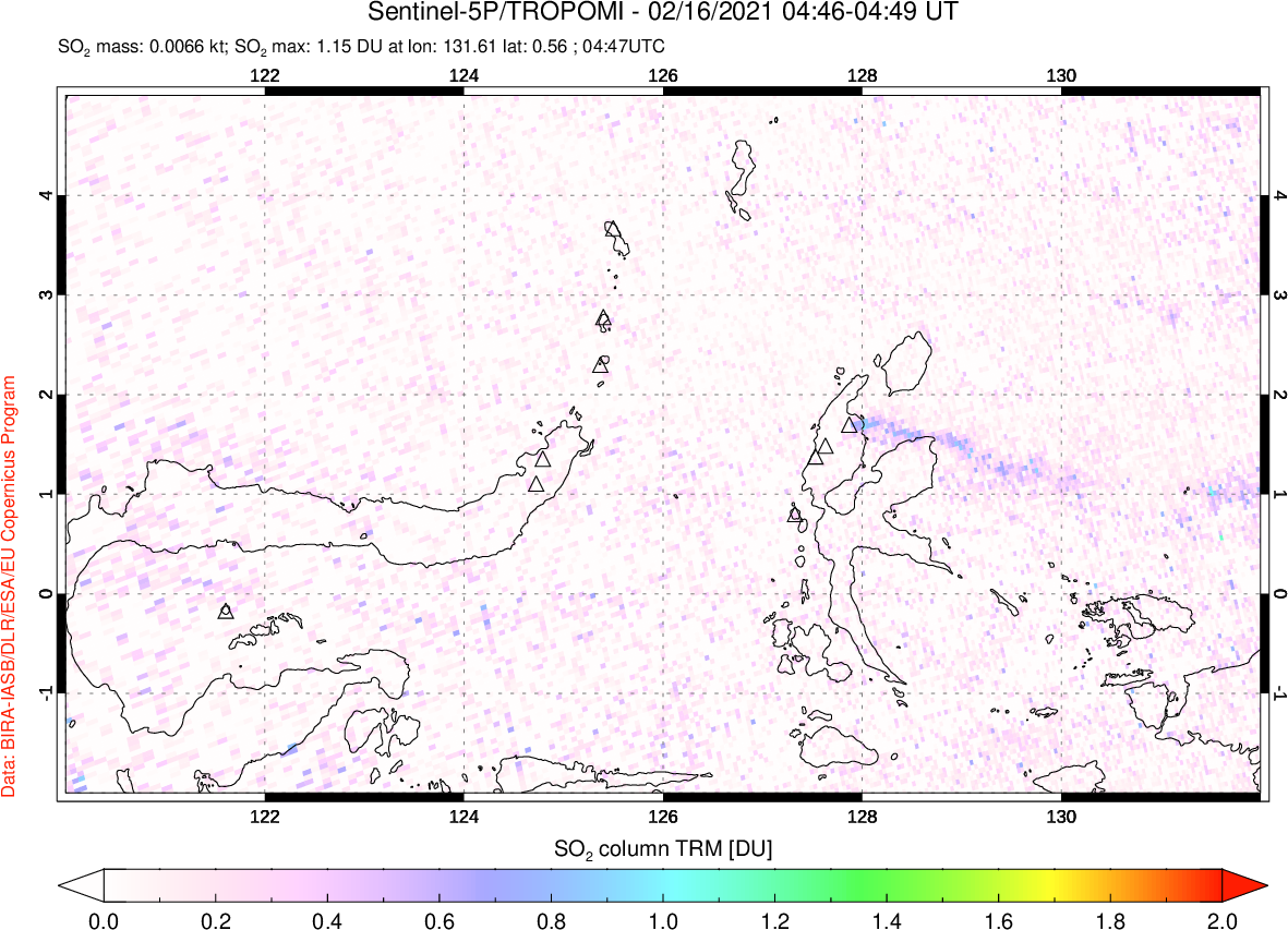A sulfur dioxide image over Northern Sulawesi & Halmahera, Indonesia on Feb 16, 2021.