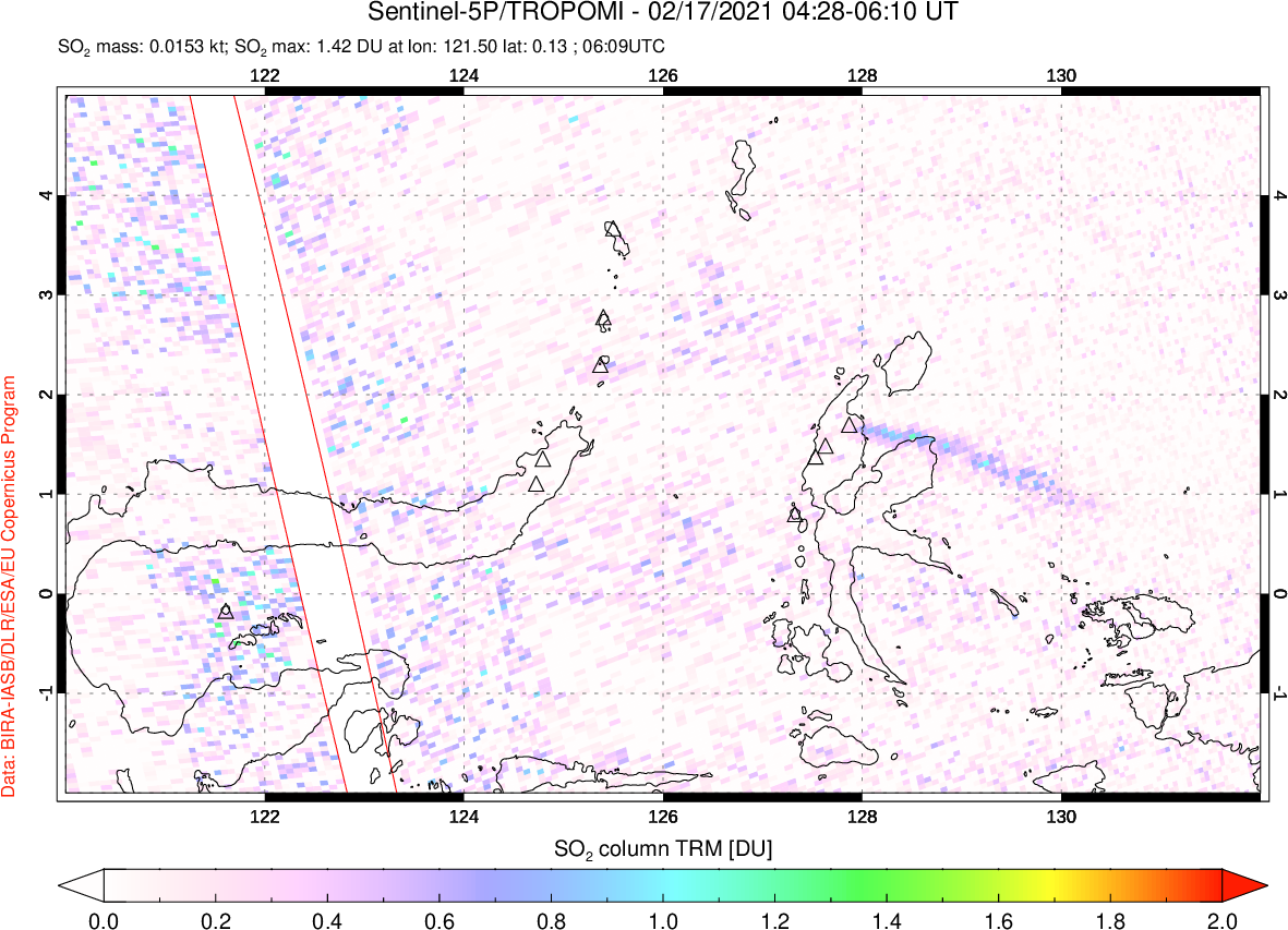 A sulfur dioxide image over Northern Sulawesi & Halmahera, Indonesia on Feb 17, 2021.