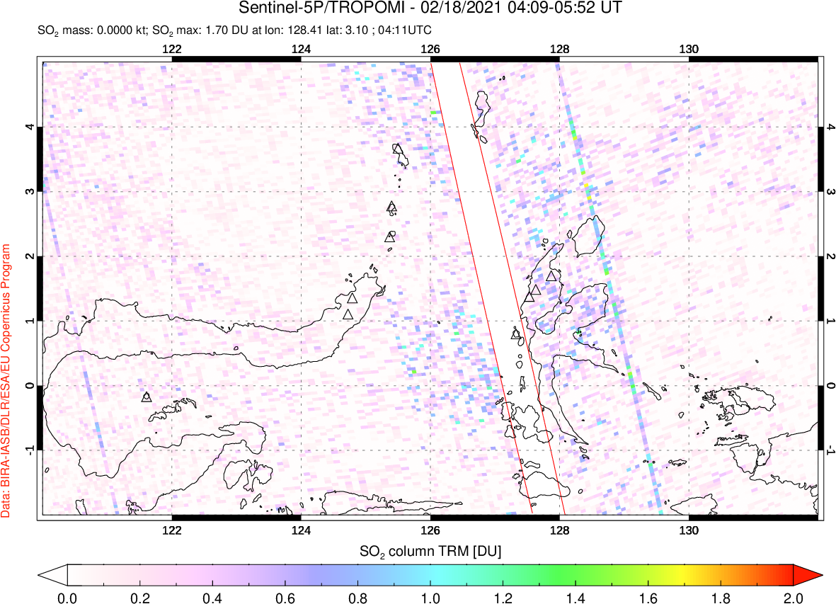 A sulfur dioxide image over Northern Sulawesi & Halmahera, Indonesia on Feb 18, 2021.