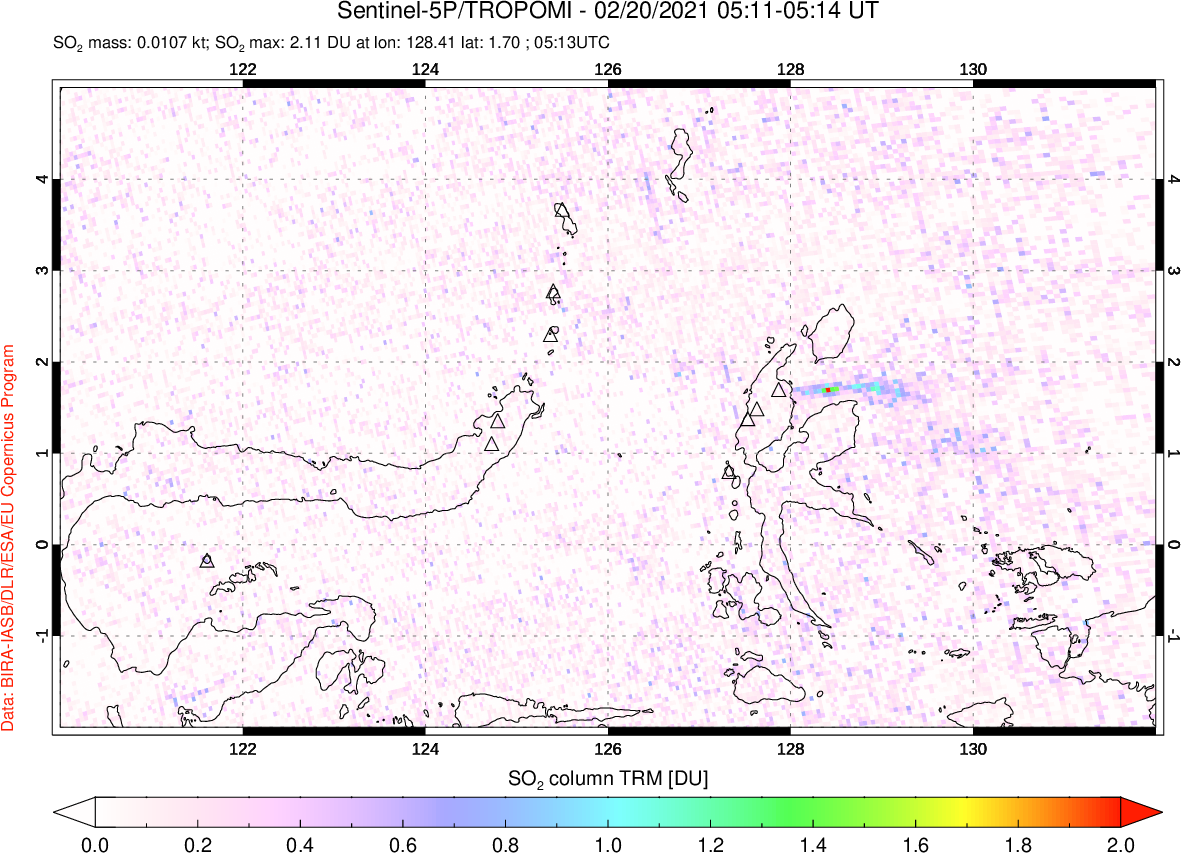 A sulfur dioxide image over Northern Sulawesi & Halmahera, Indonesia on Feb 20, 2021.