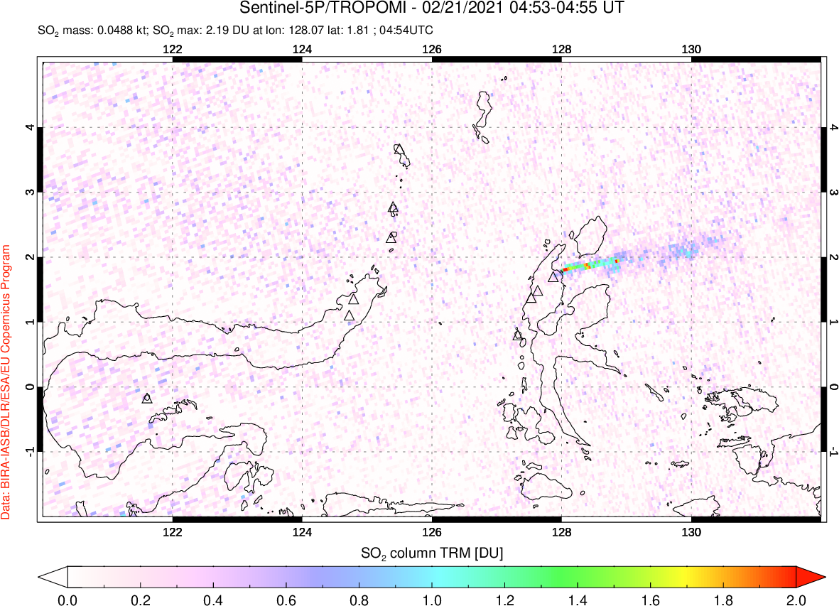 A sulfur dioxide image over Northern Sulawesi & Halmahera, Indonesia on Feb 21, 2021.
