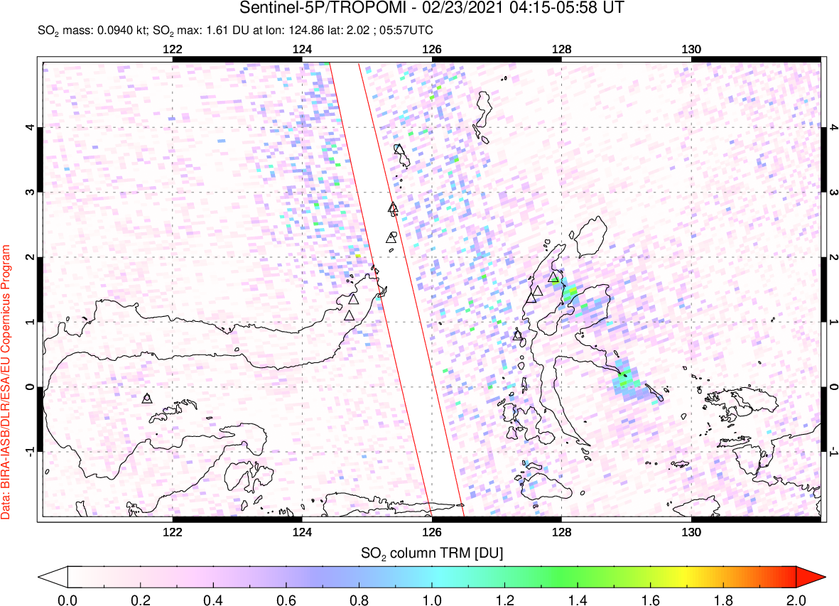 A sulfur dioxide image over Northern Sulawesi & Halmahera, Indonesia on Feb 23, 2021.